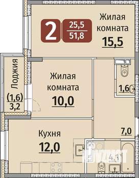 2-к квартира, строящийся дом, 53м2, 6/9 этаж