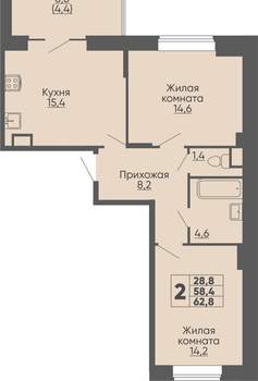 2-к квартира, вторичка, 63м2, 4/16 этаж