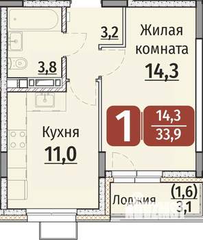 1-к квартира, строящийся дом, 34м2, 7/9 этаж