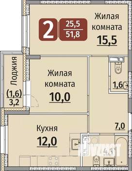 2-к квартира, вторичка, 53м2, 6/9 этаж