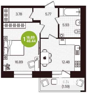 1-к квартира, вторичка, 46м2, 2/16 этаж