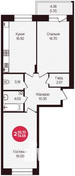 2-к квартира, вторичка, 74м2, 2/16 этаж