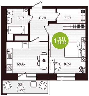 1-к квартира, вторичка, 45м2, 12/16 этаж