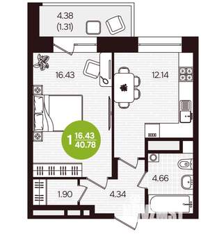1-к квартира, вторичка, 41м2, 6/16 этаж