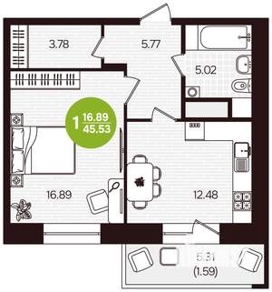 1-к квартира, вторичка, 46м2, 11/16 этаж