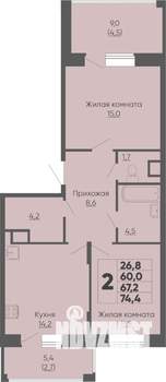 2-к квартира, вторичка, 74м2, 12/16 этаж