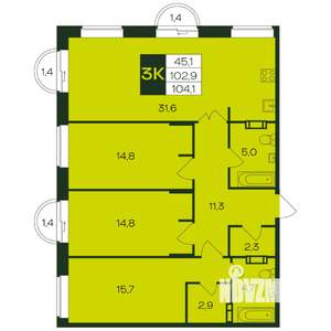 3-к квартира, вторичка, 104м2, 8/12 этаж
