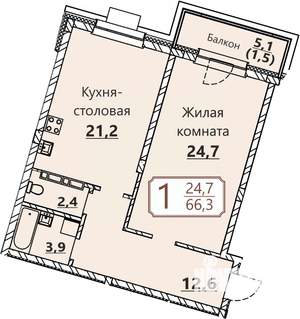 1-к квартира, вторичка, 66м2, 1/8 этаж