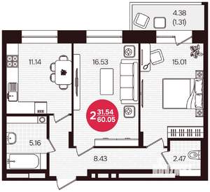 2-к квартира, вторичка, 60м2, 2/16 этаж