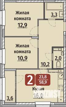 2-к квартира, вторичка, 59м2, 8/17 этаж