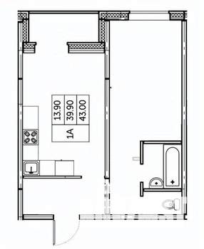 1-к квартира, строящийся дом, 43м2, 22/24 этаж