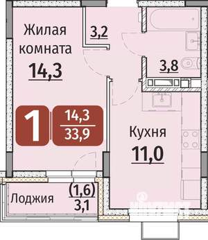 1-к квартира, строящийся дом, 35м2, 2/9 этаж