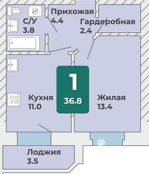 1-к квартира, вторичка, 35м2, 1/9 этаж