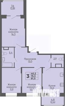 3-к квартира, строящийся дом, 82м2, 9/16 этаж