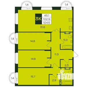3-к квартира, вторичка, 104м2, 5/12 этаж
