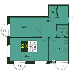 2-к квартира, вторичка, 62м2, 8/12 этаж