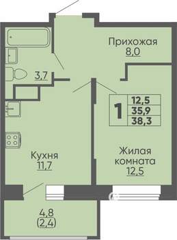 1-к квартира, строящийся дом, 38м2, 4/16 этаж