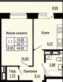 1-к квартира, сданный дом, 45м2, 6/12 этаж