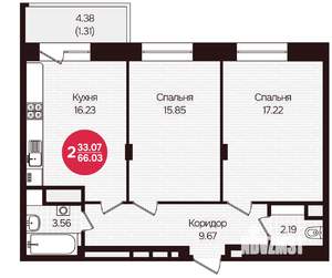 2-к квартира, вторичка, 66м2, 9/16 этаж
