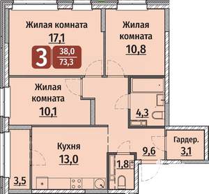 3-к квартира, вторичка, 73м2, 15/17 этаж