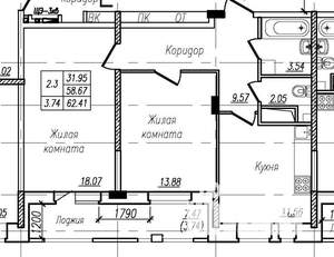 2-к квартира, вторичка, 62м2, 9/17 этаж