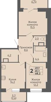 2-к квартира, вторичка, 68м2, 16/16 этаж