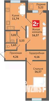 2-к квартира, строящийся дом, 65м2, 14/16 этаж