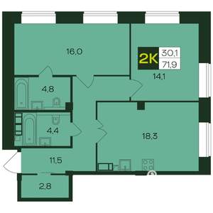 2-к квартира, вторичка, 72м2, 2/8 этаж
