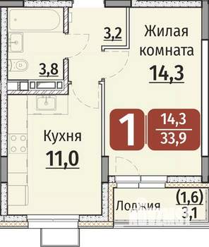 1-к квартира, строящийся дом, 34м2, 7/9 этаж