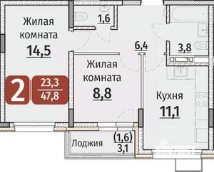 2-к квартира, строящийся дом, 48м2, 3/9 этаж