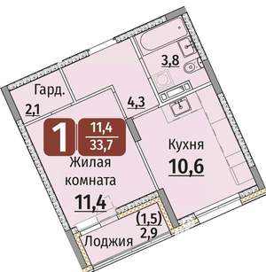 1-к квартира, строящийся дом, 35м2, 4/9 этаж