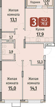 3-к квартира, строящийся дом, 82м2, 4/9 этаж