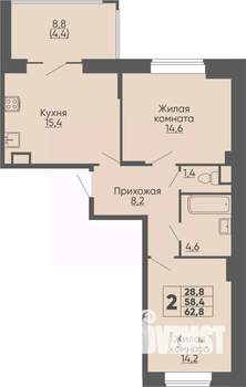 2-к квартира, строящийся дом, 63м2, 7/16 этаж