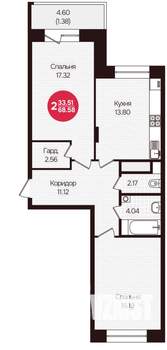 2-к квартира, вторичка, 69м2, 16/16 этаж