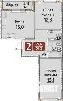 2-к квартира, вторичка, 62м2, 9/9 этаж
