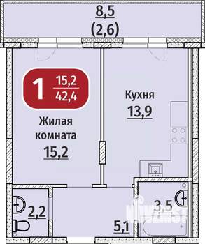 1-к квартира, вторичка, 42м2, 1/9 этаж