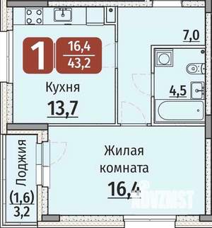 1-к квартира, строящийся дом, 45м2, 1/9 этаж