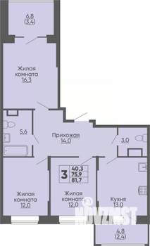 3-к квартира, строящийся дом, 82м2, 8/16 этаж