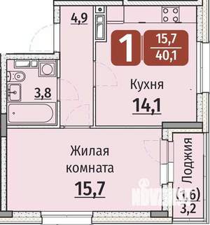 1-к квартира, строящийся дом, 42м2, 3/9 этаж