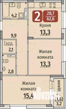 2-к квартира, строящийся дом, 64м2, 4/9 этаж