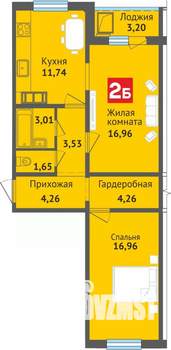 2-к квартира, вторичка, 66м2, 7/16 этаж