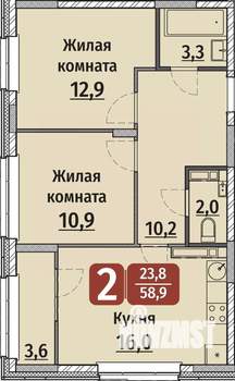 2-к квартира, вторичка, 59м2, 16/17 этаж