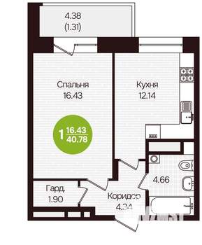 1-к квартира, вторичка, 41м2, 5/16 этаж