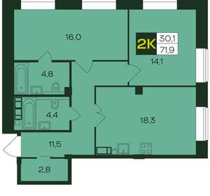 2-к квартира, вторичка, 72м2, 2/8 этаж