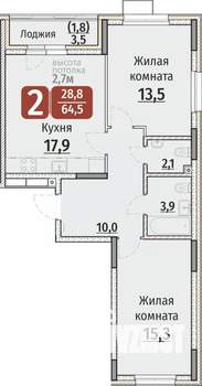 2-к квартира, строящийся дом, 66м2, 1/9 этаж