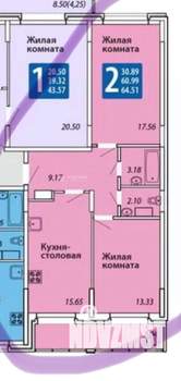 2-к квартира, вторичка, 65м2, 1/9 этаж