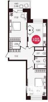 2-к квартира, вторичка, 69м2, 11/16 этаж