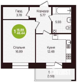 1-к квартира, вторичка, 46м2, 2/16 этаж