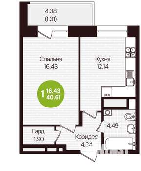 1-к квартира, вторичка, 41м2, 14/16 этаж