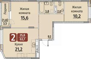 2-к квартира, строящийся дом, 65м2, 6/9 этаж